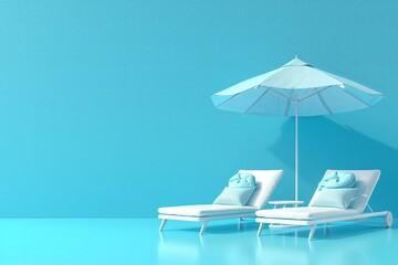 Fototapeta premium Poolside scene with white lounge chairs and an umbrella against a bright blue background. Perfect for travel brochures, resort advertisements, and summer vacation promotions. Generated AI