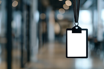 ID badge hanging with a blurred background