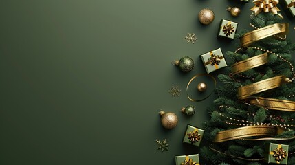 christmas banner featuring 3d render of festive elements on green.