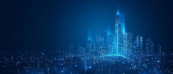 Digital rendering of a futuristic cityscape illuminated with blue lights. Ideal for technology themes, urban planning visuals, and sci-fi projects. Generated AI