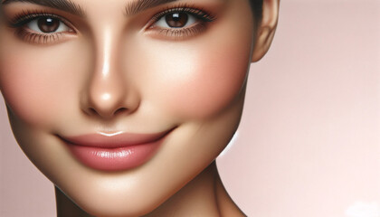 A woman with a smile on her face and a pink lip color. She is looking at the camera