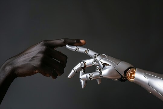 A human hand touching a robotic hand in a gesture of connection, set against a dark background. Ideal for technology, AI, and human-robot interaction themes. Generated AI