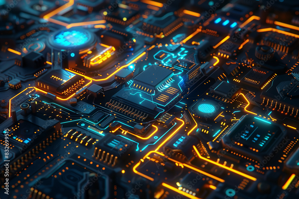 Wall mural a highly detailed futuristic view of an illuminated circuit board featuring advanced technology and 