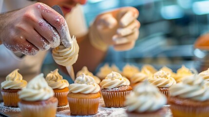 Baker decorating freshly baked cupcakes with creamy frosting in a professional kitchen, preparing delicious dessert treats.