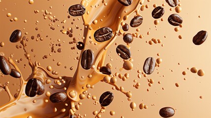 Obraz premium Coffee beans and splashes of coffee cream in mid-air. Ideal for coffee, food, and beverage advertising. Generated AI