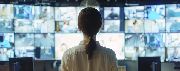 Woman monitoring multiple screens in control room