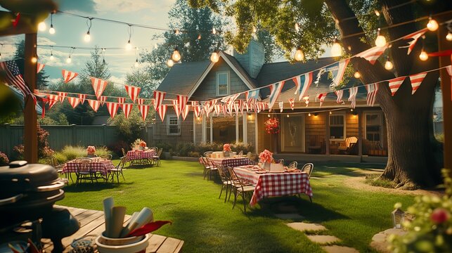 A festive backyard picnic setup for celebrating the 4th of July with red, white, and blue decorations. Ideal for holiday, outdoor party, and patriotic themes. Generated AI