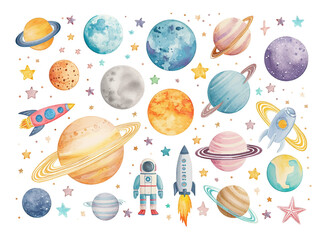 Planets astronaut set watercolor vector space theme element © Pickoloh