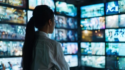 Woman monitoring multiple screens in control room