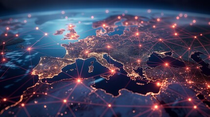 A network map of Europe at night, highlighting connectivity and technology. Ideal for global communication and tech themes. Generated AI