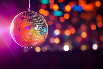 Mirror disco ball reflects a spotlight hanging in a dance music club