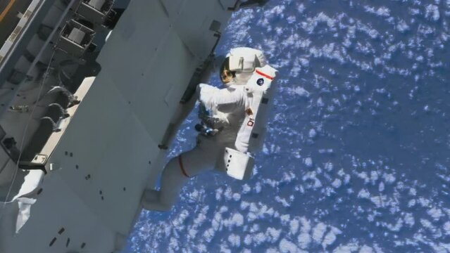 Astronaut in space. Spacewalk. Work on ISS. Outer space flight. Futuristic cosmos universe exploration, global sci-fi human discovery.