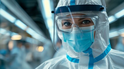Close-up of a healthcare worker wearing full protective gear, including mask and face shield. Ideal for health, safety, and medical themes. Generated AI