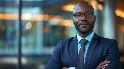 Fototapeta premium Portrait of a confident businessman in a modern office setting. Perfect for business, corporate, or professional themes. Generated AI