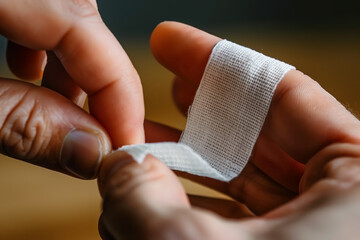 Wrapping a gauze bandage on an injured finger cut