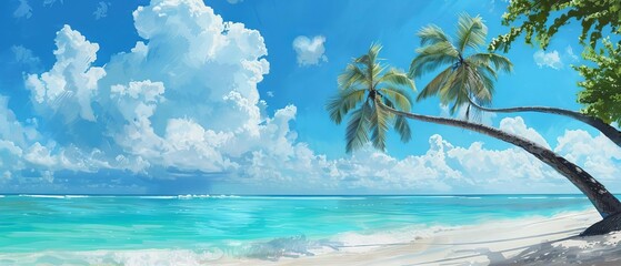 A picturesque tropical beach with two leaning palm trees framing the scene