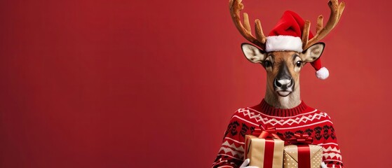 Obraz premium A reindeer in a festive sweater and Santa hat, holding a stack of wrapped presents, against a solid festive background with copy space