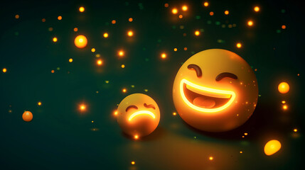 A 3D depiction of a laughing emoji and a sad emoji as glowing fireflies on a solid dark forest green background, symbolizing the light and dark sides of emotions.