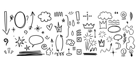 Scribble checkmark doodle comic set heart, arrow, highlight underline text vector cute minimalist simple illustration
