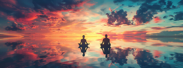 Fototapeta premium Meditating Couple at Sunset