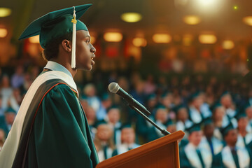 Graduate student wearing mortarboard gives a commencement speech to the University crowd