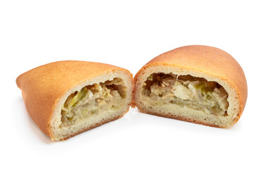 Homemade bun with vegetables filling isolated on white background