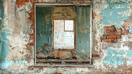 Naklejka premium A decaying interior wall with cracked paint and exposed brick, featuring windows offering views of further deterioration in an abandoned building.