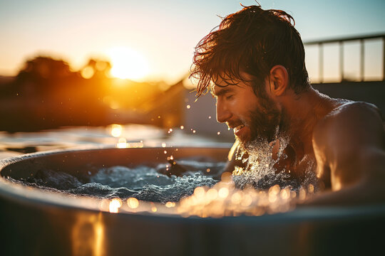 Cold plunge ice bath outdoors in the morning after exercise