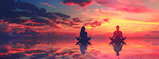 Fototapeta premium Meditating Couple at Sunset