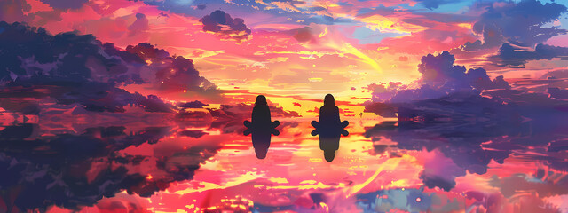 Fototapeta premium Meditating Couple at Sunset