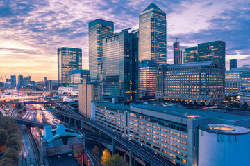 The financial district of Canary Wharf in London at sunrise - United Kingdom