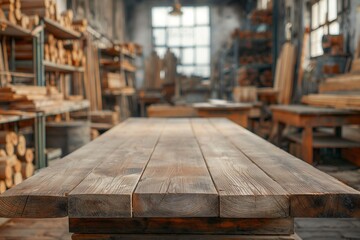Wooden planks on workbench in workshop