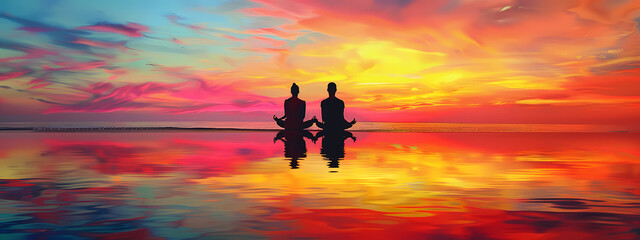 Fototapeta premium Meditating Couple at Sunset