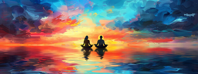Fototapeta premium Meditating Couple at Sunset