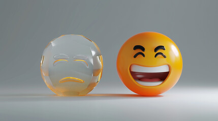 Fototapeta premium A 3D of a crystal-clear laughing emoji next to a foggy sad emoji on a solid grey background, symbolizing emotional clarity and confusion.