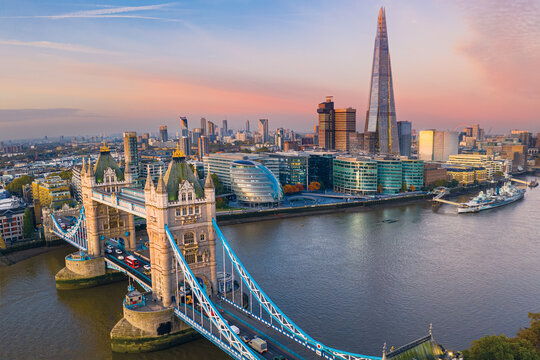 Aerial view of the Tower Bridge in London. One of London's most famous bridges and must-see landmarks in London. Beautiful panorama of London Tower Bridge.
