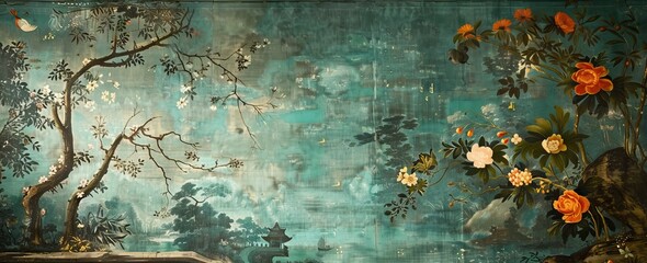 3d wallpaper design with branches, birds and flowers for digital wall print. AI generated illustration