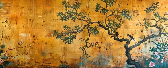 3d wallpaper design with branches, birds and flowers for digital wall print. AI generated illustration