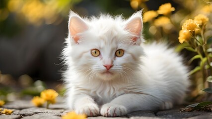 White and yellow kitten with fluffy tail and golden eyes having fun in the yard
