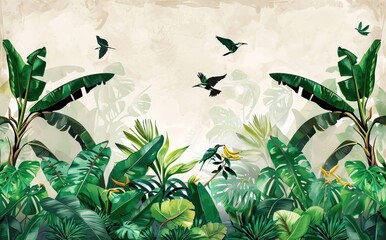 Modern wallpaper. Watercolor jungle illustration. Crane bird elements, watercolor painting, children's wallpaper. Hand-drawn plants. AI generated illustration