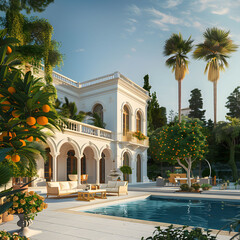 Obraz premium villa, luxury, interior, pool, modern, scandinavian, italian, house, orange trees