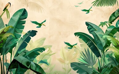 Modern wallpaper. Watercolor jungle illustration. Crane bird elements, watercolor painting, children's wallpaper. Hand-drawn plants. AI generated illustration