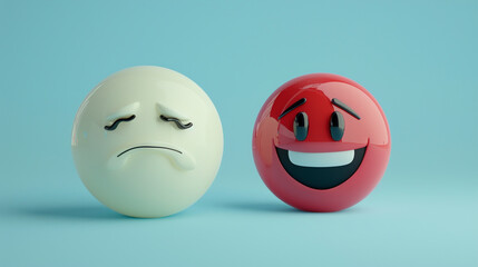 Fototapeta premium A photorealistic 3D of an ivory sad emoji next to a pastel red laughing emoji, both on a solid powder blue background, emphasizing purity and playfulness.