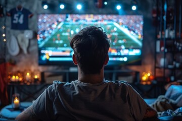 Fototapeta premium Man watching football game on TV in cozy living room