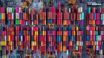 Aerial closeup photo of colourful container seaside Mediterranean port and logistics terminal in crane area.