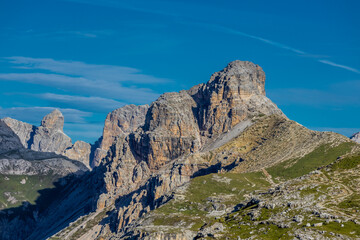 Dolomites beautiful mountain landscape on a sunny day. Hiking in the Alps in Italy, South Tirol mountain range of Alpi Dolomiti di Sesto near Cortina di Amprezzo and Tre Cime di Lavaredo alpine scene