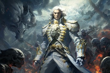 Fototapeta premium A resilient and battle-hardened soldier, leading troops with strategic brilliance on the battlefield. - Generative AI