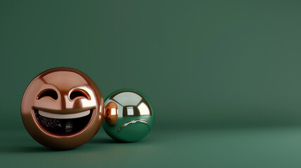 A photorealistic 3D  of a bronze laughing emoji next to a chrome sad emoji, both on a solid forest green background, highlighting contrast in emotions.