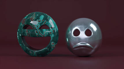 A photorealistic 3D  of a malachite laughing emoji next to a silver-plate sad emoji, both on a solid burgundy background, highlighting contrast in emotions.
