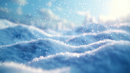 Serene winter landscape with fluffy snowdrifts and gentle snowfall, capturing the tranquil beauty of a snowy day under bright sunlight.